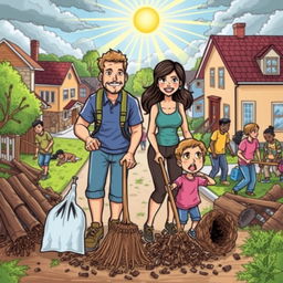 A colorful comic-style drawing depicting a resilient family working together to clean up their neighborhood after a storm has passed