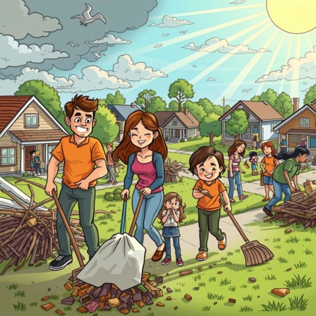 A colorful comic-style drawing depicting a resilient family working together to clean up their neighborhood after a storm has passed