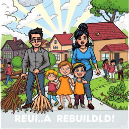 A colorful comic-style drawing depicting a resilient family working together to clean up their neighborhood after a storm has passed