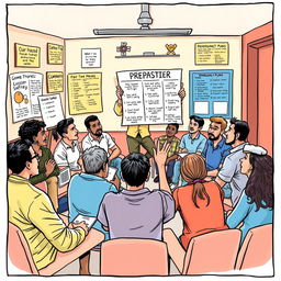 A dynamic comic-style drawing depicting a lively community meeting focused on disaster preparedness