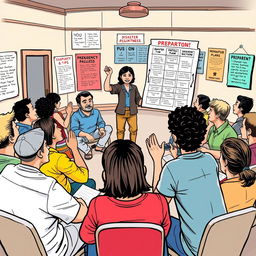 A dynamic comic-style drawing depicting a lively community meeting focused on disaster preparedness