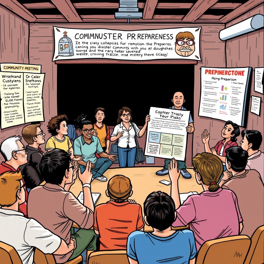 A dynamic comic-style drawing depicting a lively community meeting focused on disaster preparedness