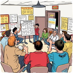 A dynamic comic-style drawing depicting a lively community meeting focused on disaster preparedness