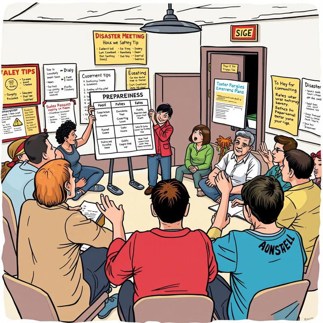 A dynamic comic-style drawing depicting a lively community meeting focused on disaster preparedness