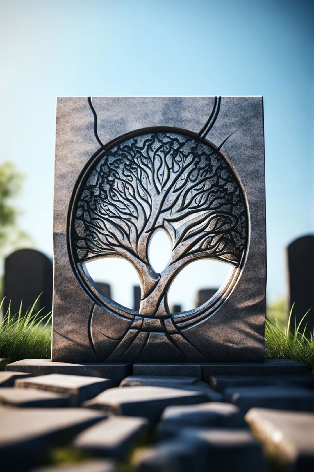 A 32k HD digital image featuring an abstract, tree of life headstone bathed in sunlight