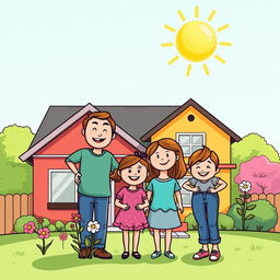 A cheerful comic-style drawing of a smiling family standing proudly in front of their recently repaired home