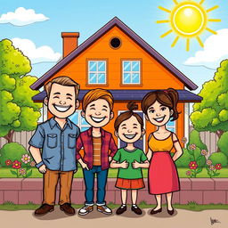 A cheerful comic-style drawing of a smiling family standing proudly in front of their recently repaired home