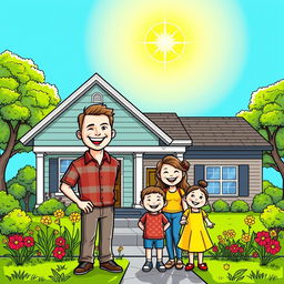 A cheerful comic-style drawing of a smiling family standing proudly in front of their recently repaired home