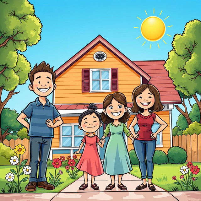 A cheerful comic-style drawing of a smiling family standing proudly in front of their recently repaired home