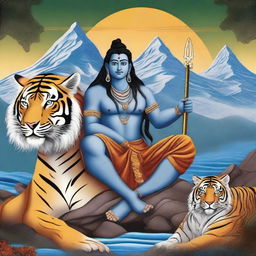 This is a digital art image of the Hindu deity, Shiva, seated on a tiger skin with the Himalayas in the background