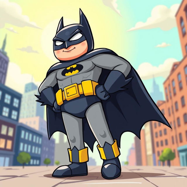 A playful interpretation of Batman with a whimsical twist, featuring an anthropomorphized Batman character showcasing cute, stylized legs