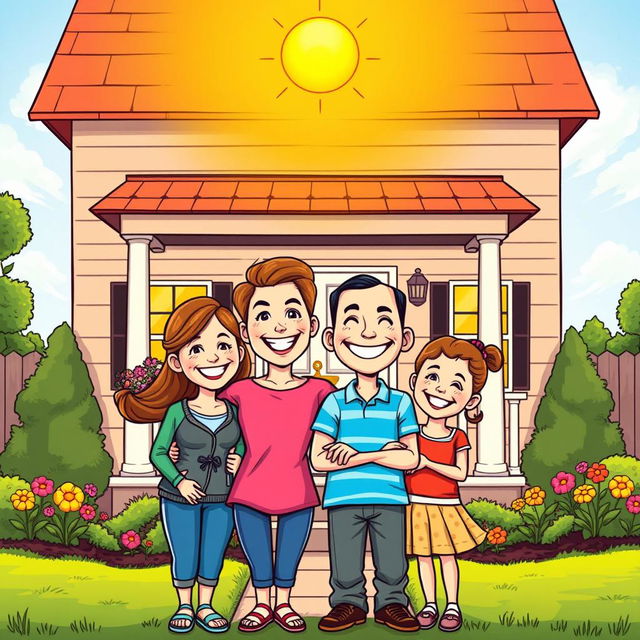 A joyous comic-style drawing of a smiling family facing their beautifully repaired home