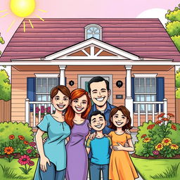 A joyous comic-style drawing of a smiling family facing their beautifully repaired home