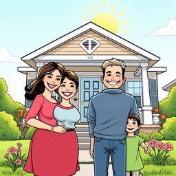 A joyous comic-style drawing of a smiling family facing their beautifully repaired home