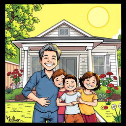 A joyous comic-style drawing of a smiling family facing their beautifully repaired home