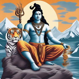 This is a digital art image of the Hindu deity, Shiva, seated on a tiger skin with the Himalayas in the background