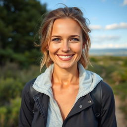 A full-length photo of a woman aged 30-45 with a natural appearance, showcasing minimal makeup and well-groomed hair
