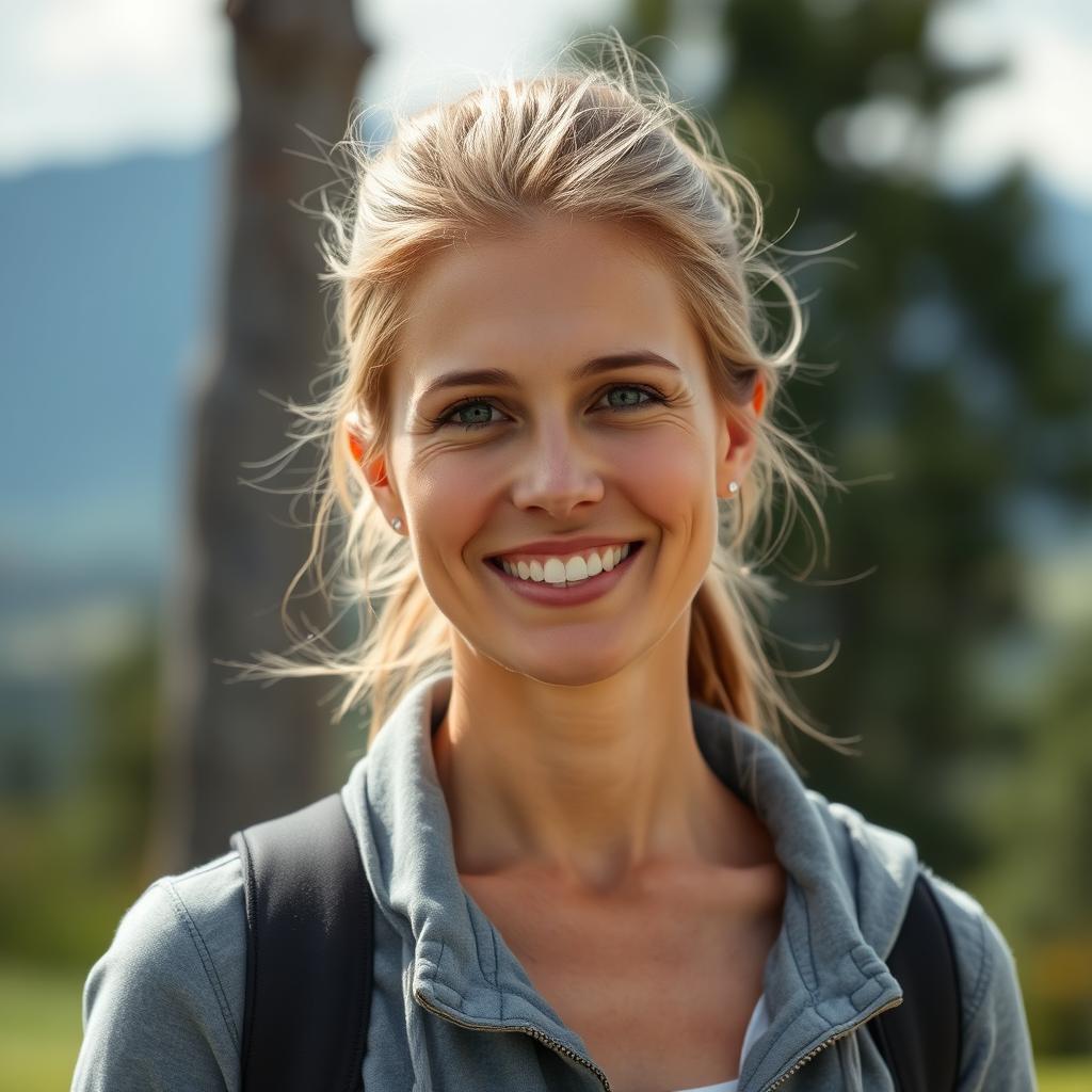 A full-length photo of a woman aged 30-45 with a natural appearance, showcasing minimal makeup and well-groomed hair