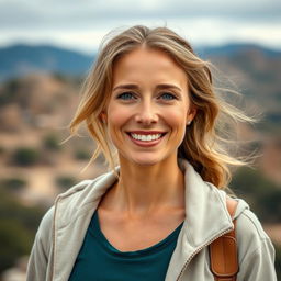 A full-length photo of a woman aged 30-45 with a natural appearance, showcasing minimal makeup and well-groomed hair