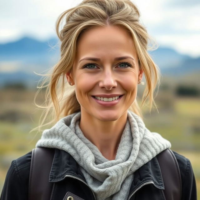 A full-length photo of a woman aged 30-45 with a natural appearance, showcasing minimal makeup and well-groomed hair