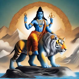 This is a digital art image of the Hindu deity, Shiva, seated on a tiger skin with the Himalayas in the background