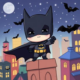 A cute, chibi-style Batman character, dressed in his classic dark costume with a bat emblem on the chest, oversized bat ears, and a tiny cape fluttering behind him