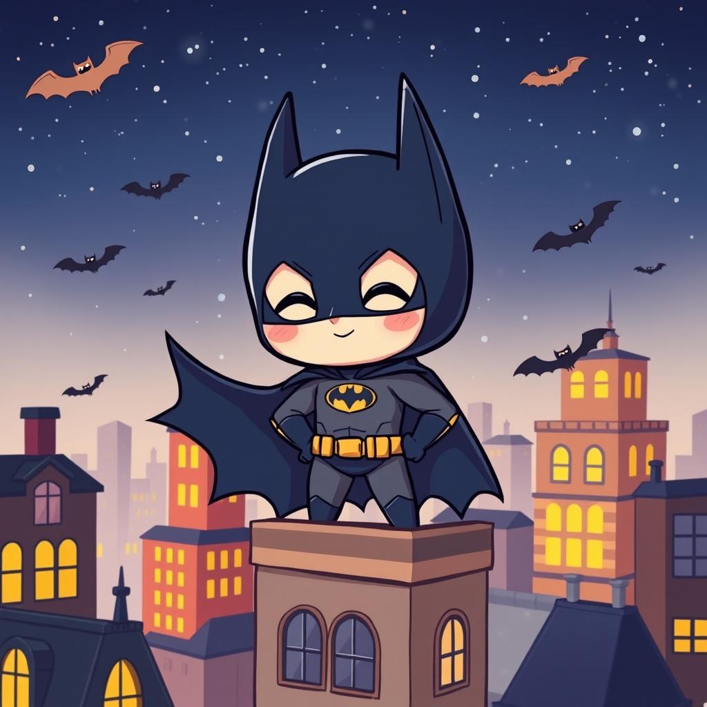 A cute, chibi-style Batman character, dressed in his classic dark costume with a bat emblem on the chest, oversized bat ears, and a tiny cape fluttering behind him