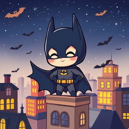 A cute, chibi-style Batman character, dressed in his classic dark costume with a bat emblem on the chest, oversized bat ears, and a tiny cape fluttering behind him