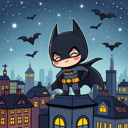 A cute, chibi-style Batman character, dressed in his classic dark costume with a bat emblem on the chest, oversized bat ears, and a tiny cape fluttering behind him