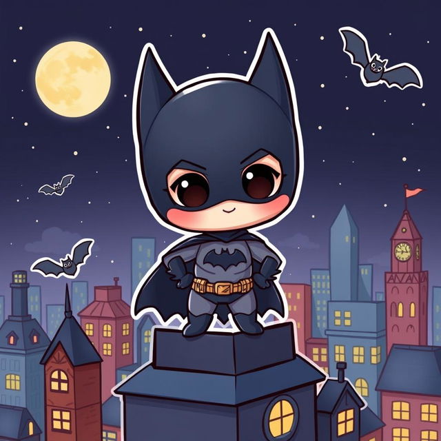 A cute, chibi-style Batman character, dressed in his classic dark costume with a bat emblem on the chest, oversized bat ears, and a tiny cape fluttering behind him