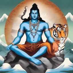 This is a digital art image of the Hindu deity, Shiva, seated on a tiger skin with the Himalayas in the background