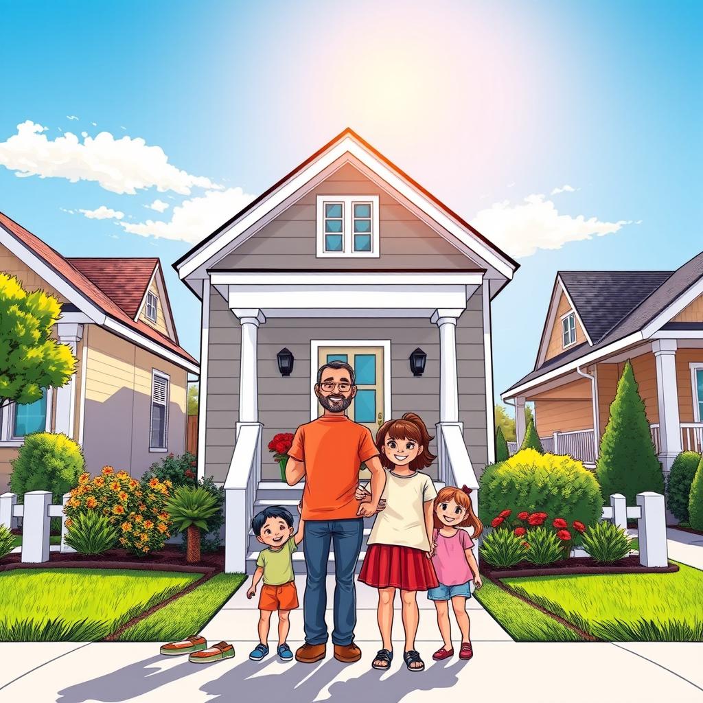 A vibrant comic-style drawing of a smiling family standing proudly in front of their beautifully repaired home, facing towards it