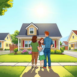 A vibrant comic-style drawing of a smiling family standing proudly in front of their beautifully repaired home, facing towards it