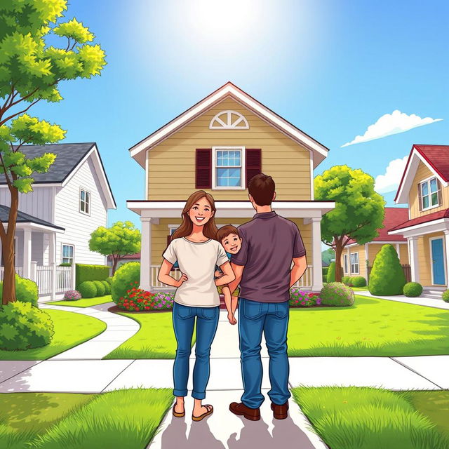 A vibrant comic-style drawing of a smiling family standing proudly in front of their beautifully repaired home, facing towards it