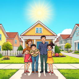 A vibrant comic-style drawing of a smiling family standing proudly in front of their beautifully repaired home, facing towards it