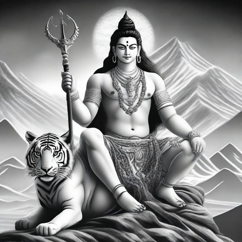 This is a black and white digital art image of the Hindu deity, Shiva, seated on a tiger skin with the Himalayas in the background