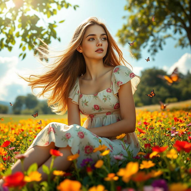 A young woman with flowing long hair, sitting on a vibrant flower field, wearing a light summer dress adorned with floral patterns