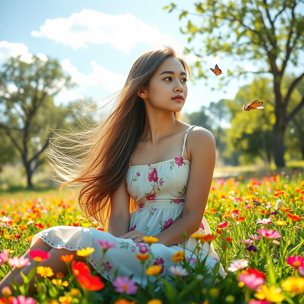 A young woman with flowing long hair, sitting on a vibrant flower field, wearing a light summer dress adorned with floral patterns