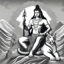 This is a black and white digital art image of the Hindu deity, Shiva, seated on a tiger skin with the Himalayas in the background