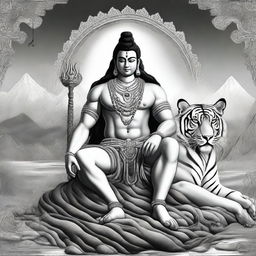 This is a black and white digital art image of the Hindu deity, Shiva, seated on a tiger skin with the Himalayas in the background