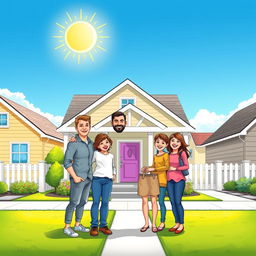 A lively comic-style drawing of a smiling family of five standing together in front of their beautifully repaired home, facing the house with pride