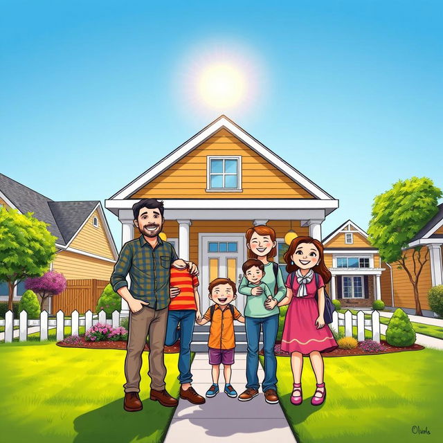 A lively comic-style drawing of a smiling family of five standing together in front of their beautifully repaired home, facing the house with pride