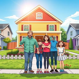 A lively comic-style drawing of a smiling family of five standing together in front of their beautifully repaired home, facing the house with pride