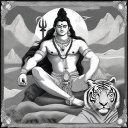 This is a black and white digital art image of the Hindu deity, Shiva, seated on a tiger skin with the Himalayas in the background