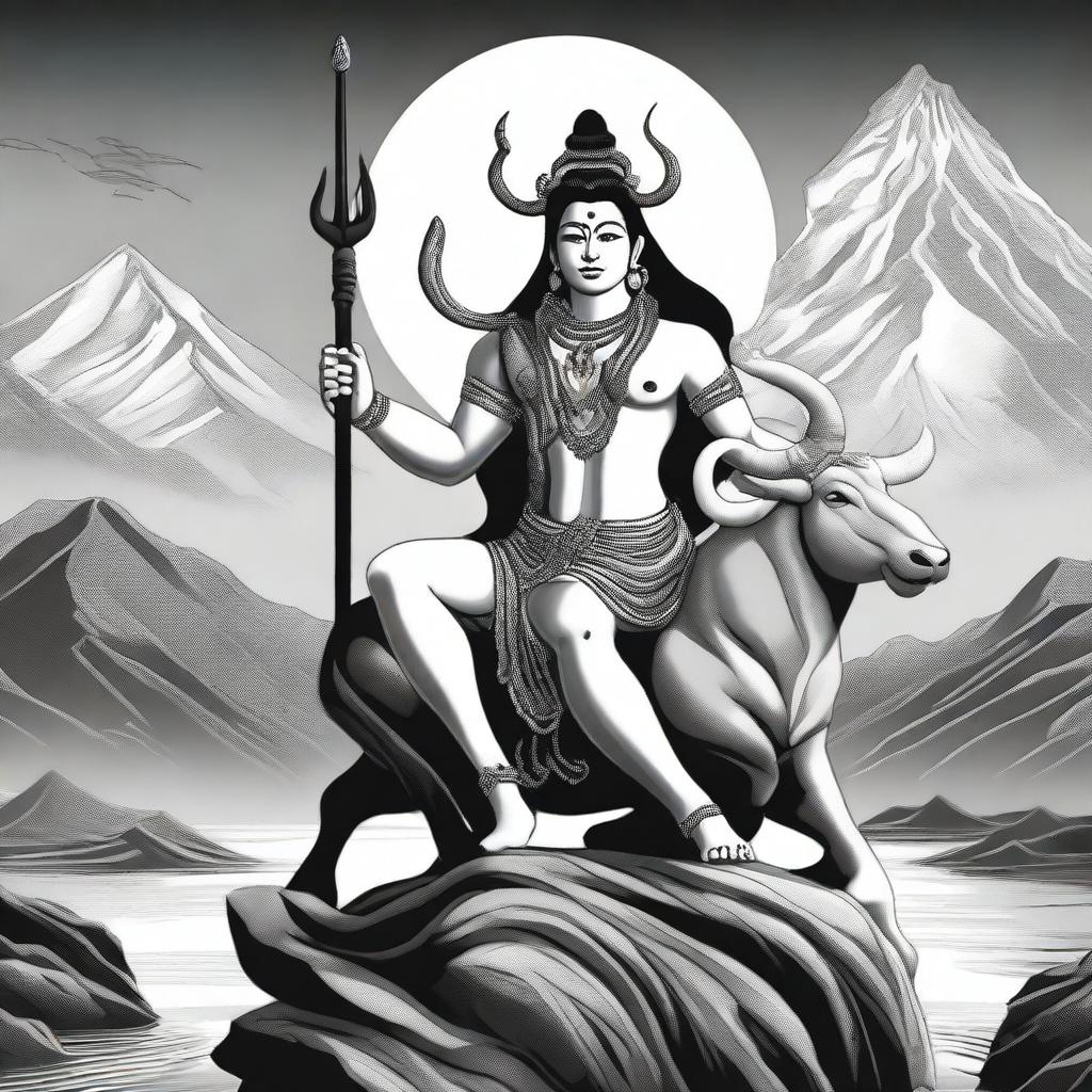 This is a black and white digital art image of the Hindu deity, Shiva, seated on a bull skin with the Himalayas in the background