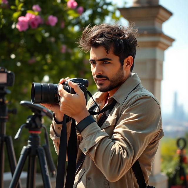 A stunning portrait of a professional photographer in action