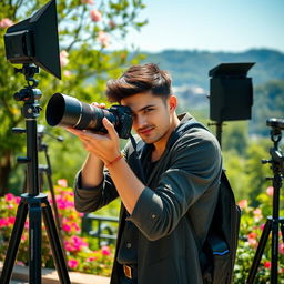 A stunning portrait of a professional photographer in action