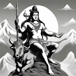 This is a black and white digital art image of the Hindu deity, Shiva, seated on a bull skin with the Himalayas in the background