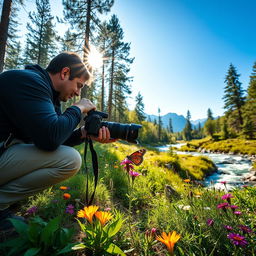 A photographer capturing stunning shots of nature in a vibrant landscape