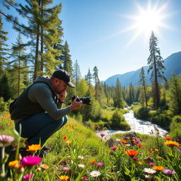 A photographer capturing stunning shots of nature in a vibrant landscape